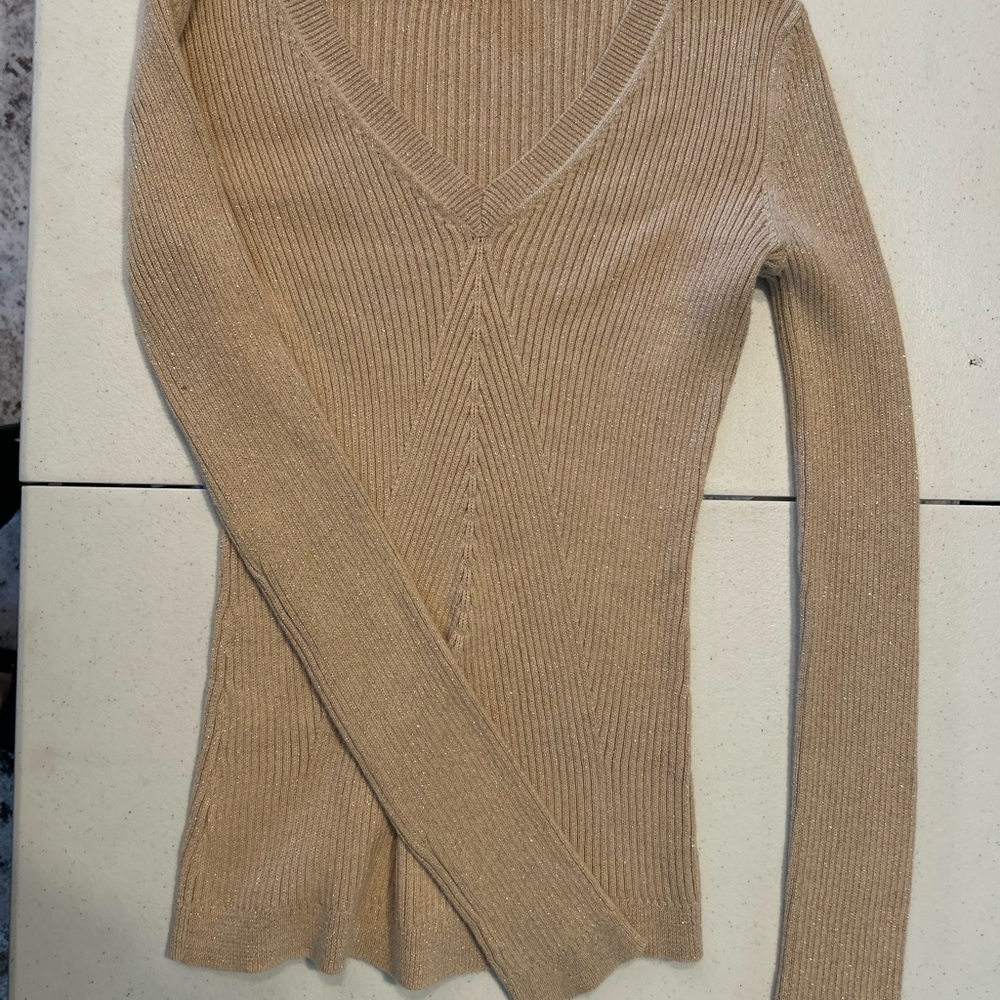 Calvin Klein Beige with Gold Flecks Fitted V-Neck Sweater Size Snall